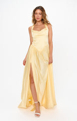 Abigail Maxi Dress ~ Pale Yellow Luxe Satin