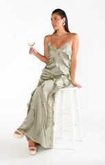 Romance Ruffle Dress ~ Moss Green Luxe Satin