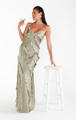Romance Ruffle Dress ~ Moss Green Luxe Satin