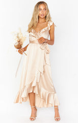 Samantha Ruffle Wrap Dress ~ Champagne Luxe Satin