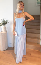 Dalia Maxi Dress ~ Steel Blue Luxe Satin