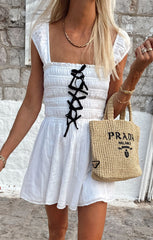 Mabel Mini Dress ~ White Voile with Black Bows