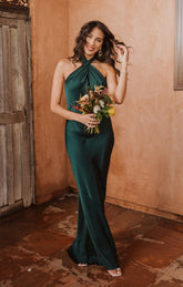 Jasmine Halter Maxi Dress ~ Deep Emerald Luxe Satin