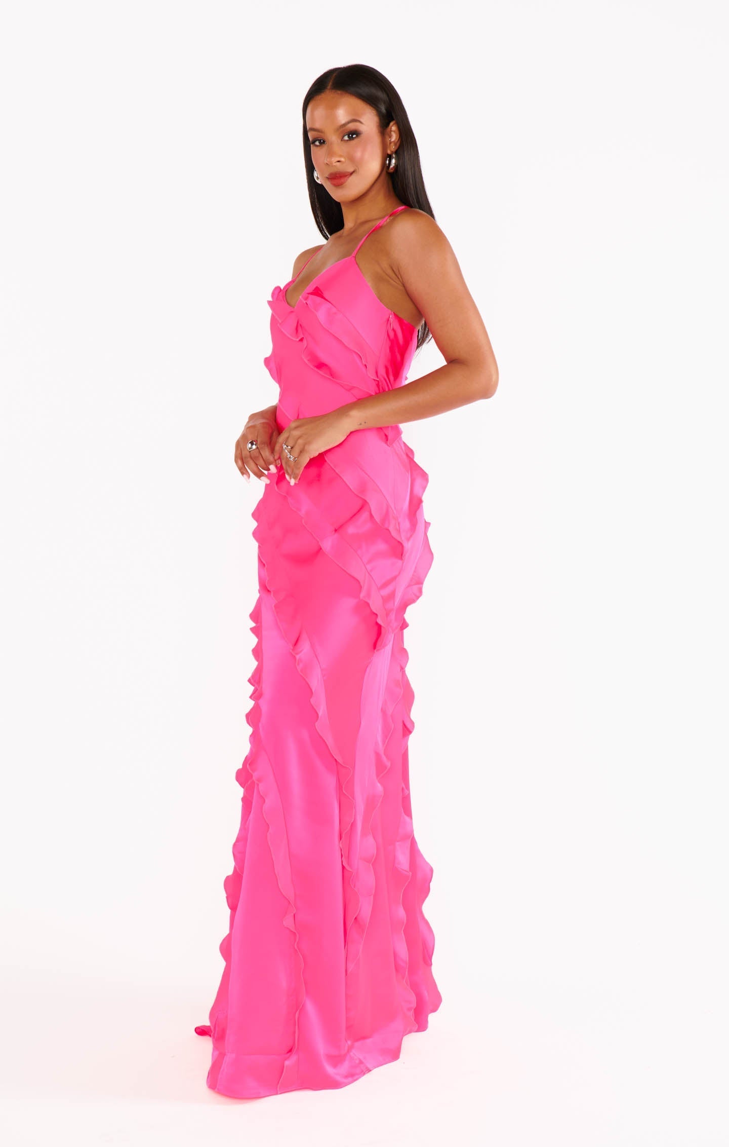 Romance Ruffle Dress ~ Vivid Pink Luxe Satin