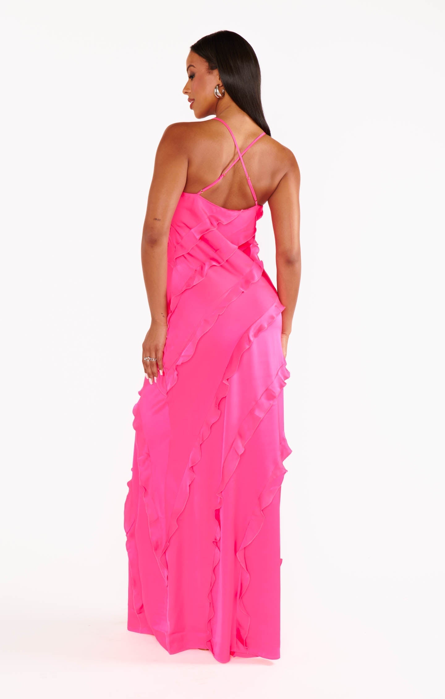 Romance Ruffle Dress ~ Vivid Pink Luxe Satin