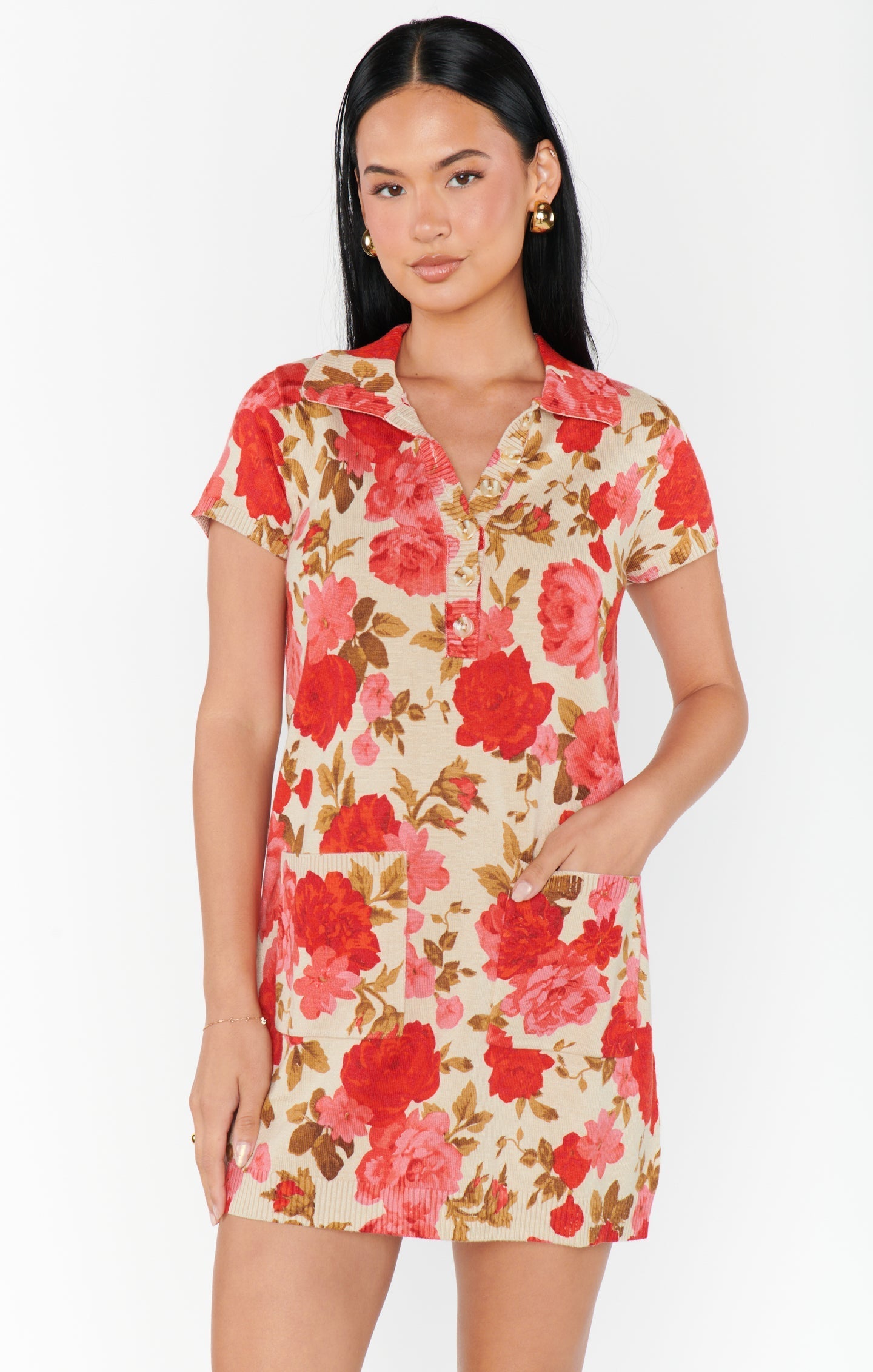 Dexter Button Sweater Dress ~ Tan Hillside Floral