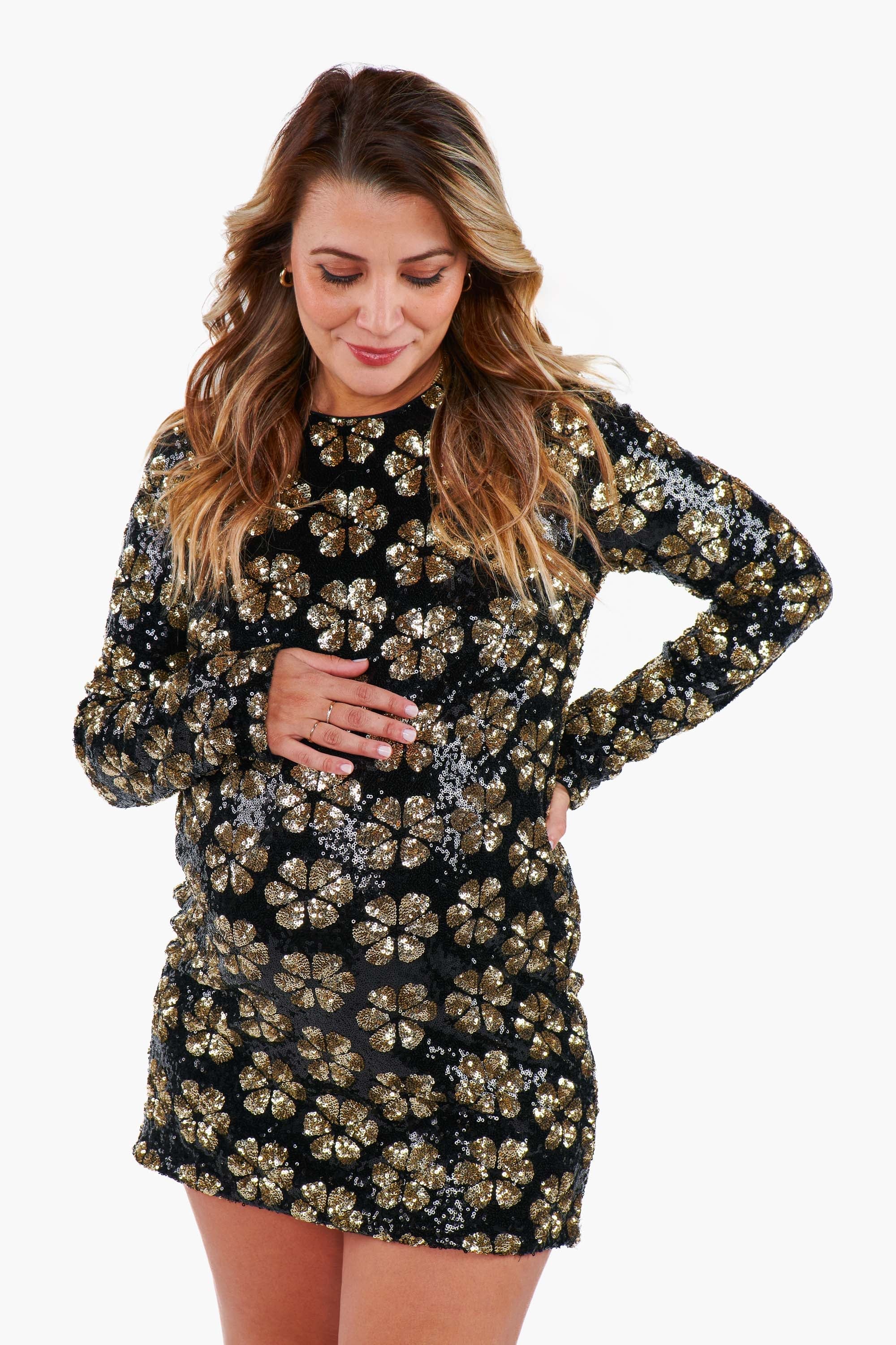 Maddison Mini Dress ~ Flower Pop Gold Sequins