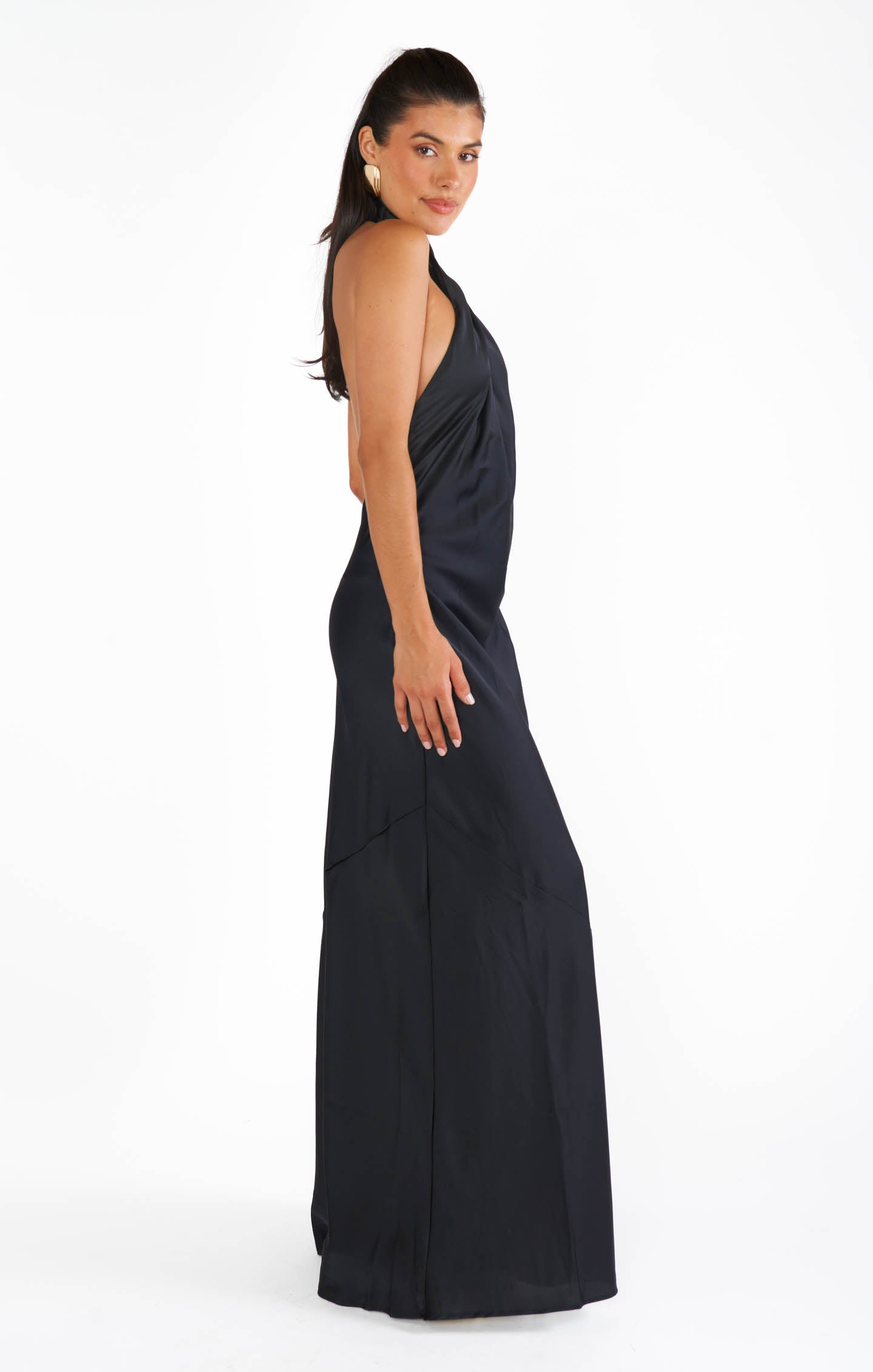 Jasmine Halter Maxi Dress ~ Black Luxe Satin