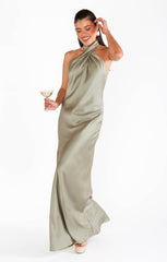 Jasmine Halter Maxi Dress ~ Moss Green Luxe Satin