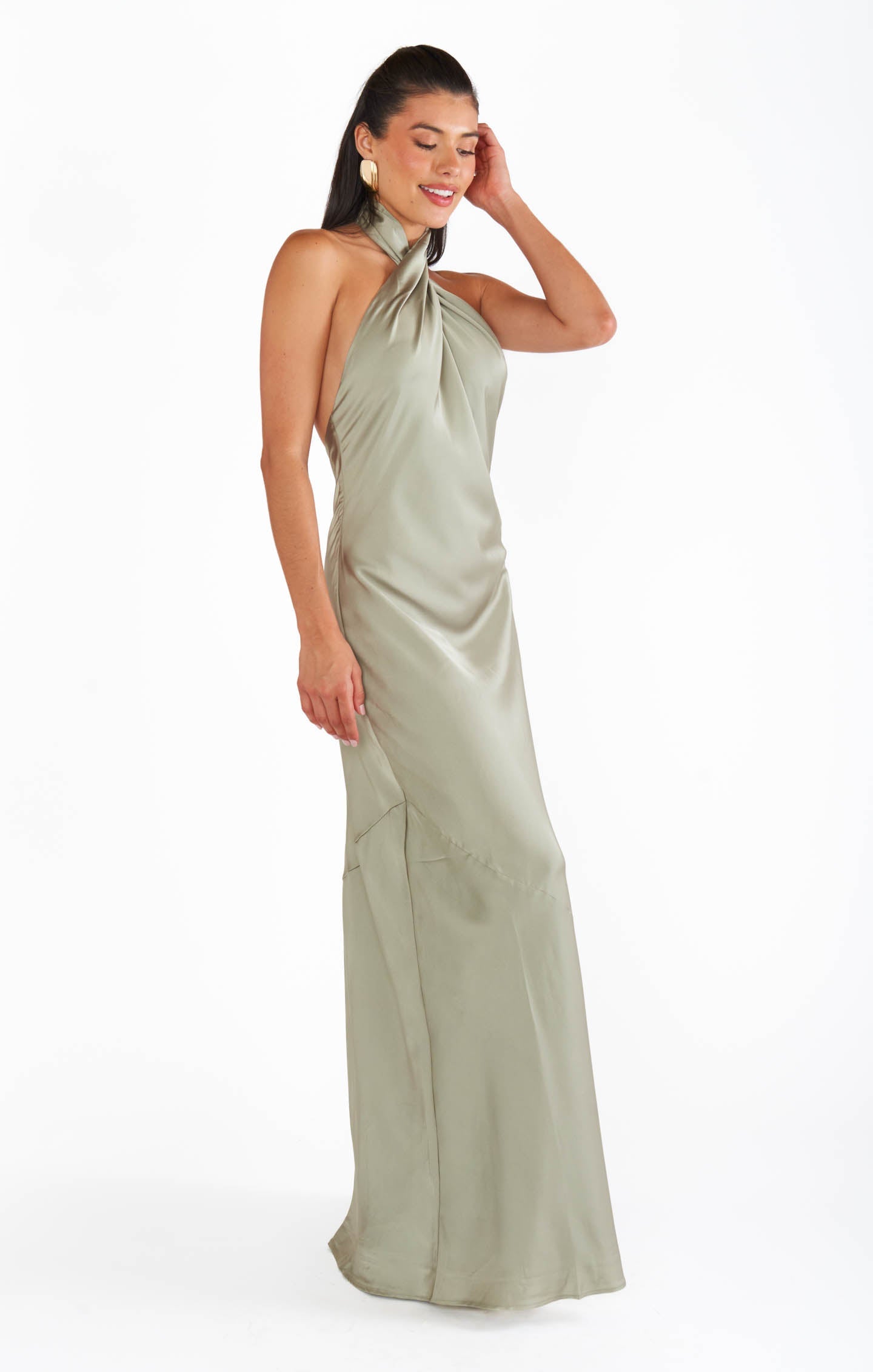 Jasmine Halter Maxi Dress ~ Moss Green Luxe Satin