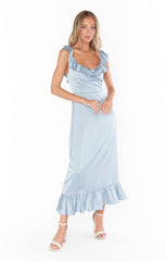 Alexis Midi Dress ~ Steel Blue Luxe Satin