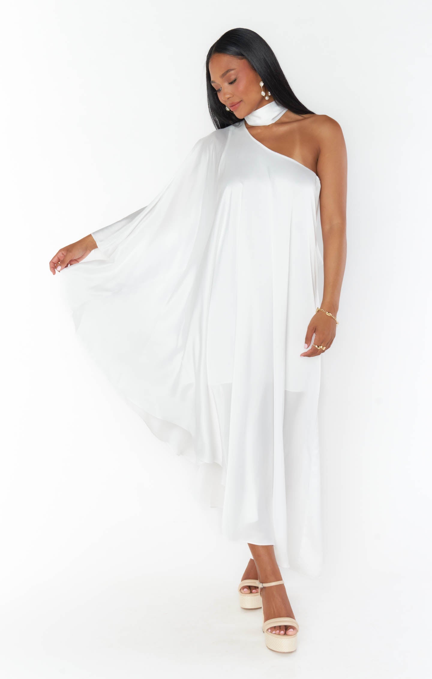 Rhea One Shoulder Dress ~ Ivory Luxe Satin
