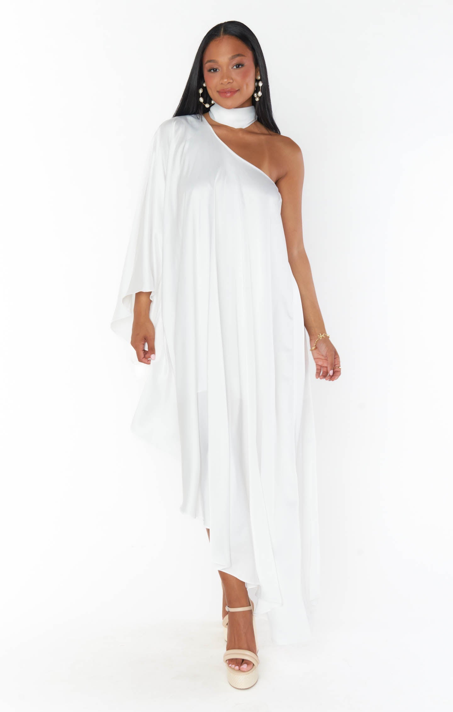 Rhea One Shoulder Dress ~ Ivory Luxe Satin