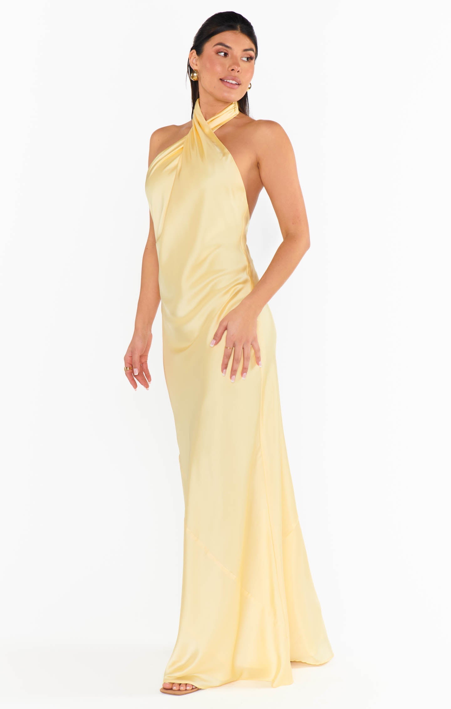 Jasmine Halter Maxi Dress ~ Pale Yellow Luxe Satin