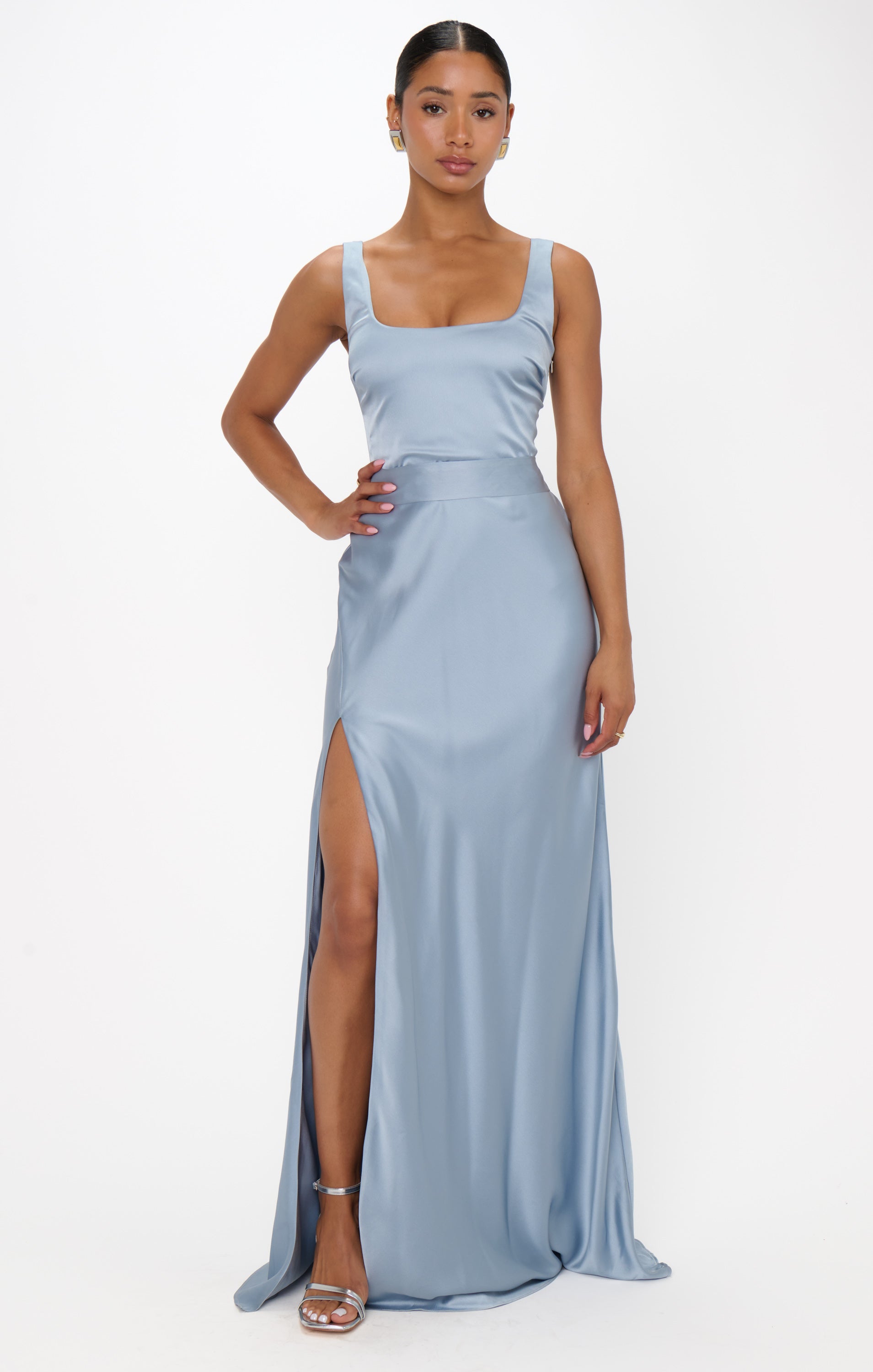 Lana Maxi Dress ~ Steel Blue Luxe Satin