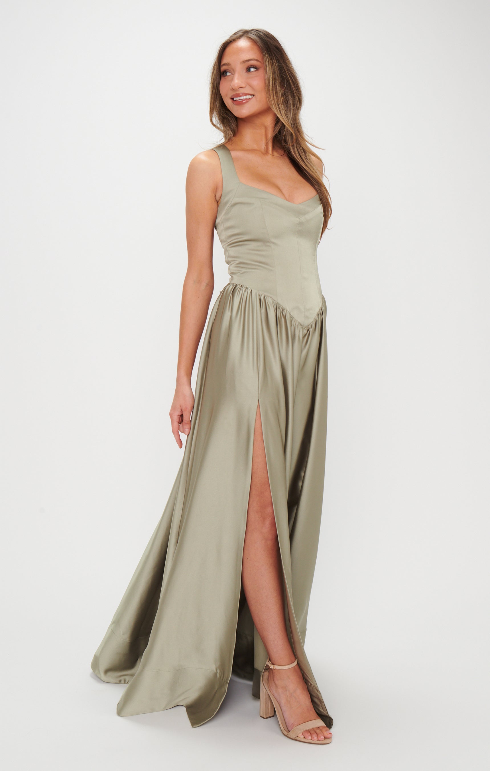 Abigail Maxi Dress ~ Moss Green Luxe Satin