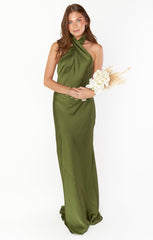 Jasmine Halter Maxi Dress ~ Rich Olive Luxe Satin