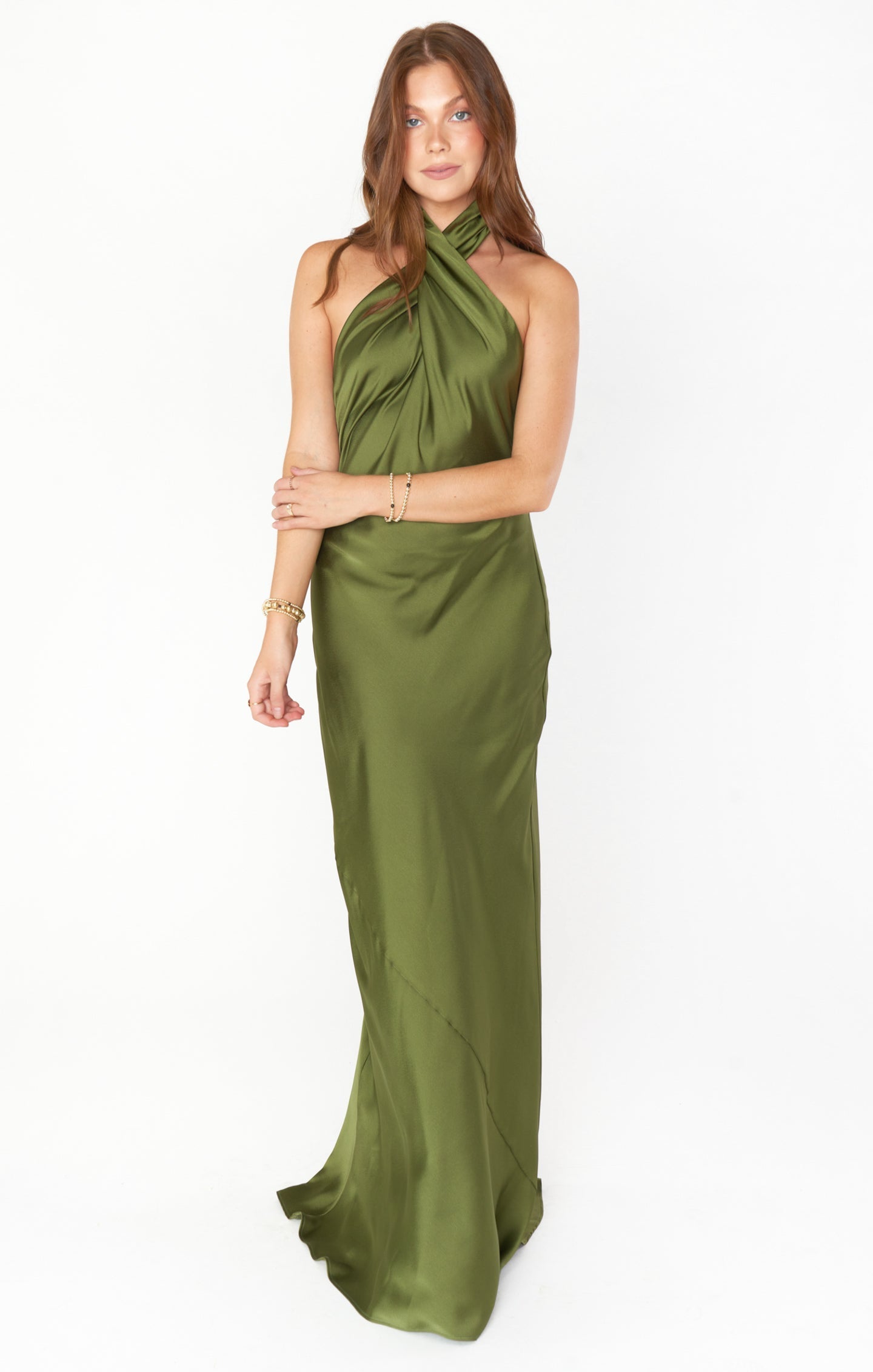 Jasmine Halter Maxi Dress ~ Rich Olive Luxe Satin