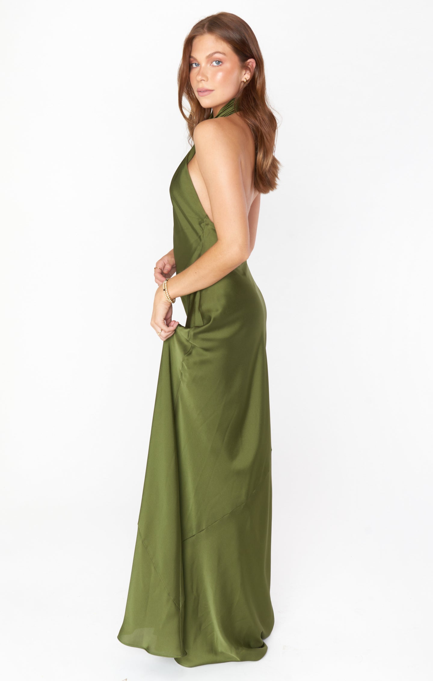 Jasmine Halter Maxi Dress ~ Rich Olive Luxe Satin