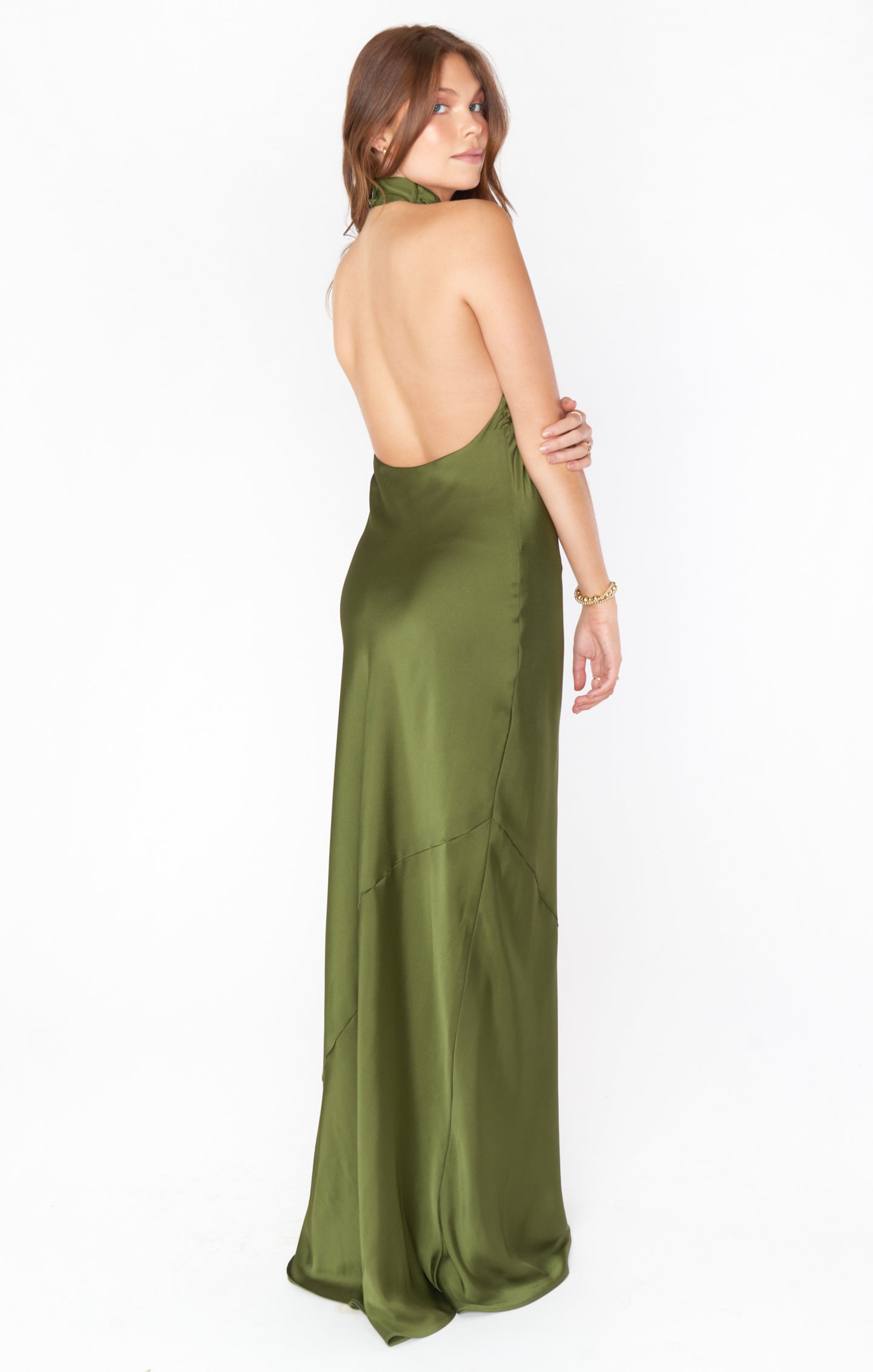 Jasmine Halter Maxi Dress ~ Rich Olive Luxe Satin