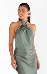Jasmine Halter Maxi Dress ~ Deep Sage Luxe Satin