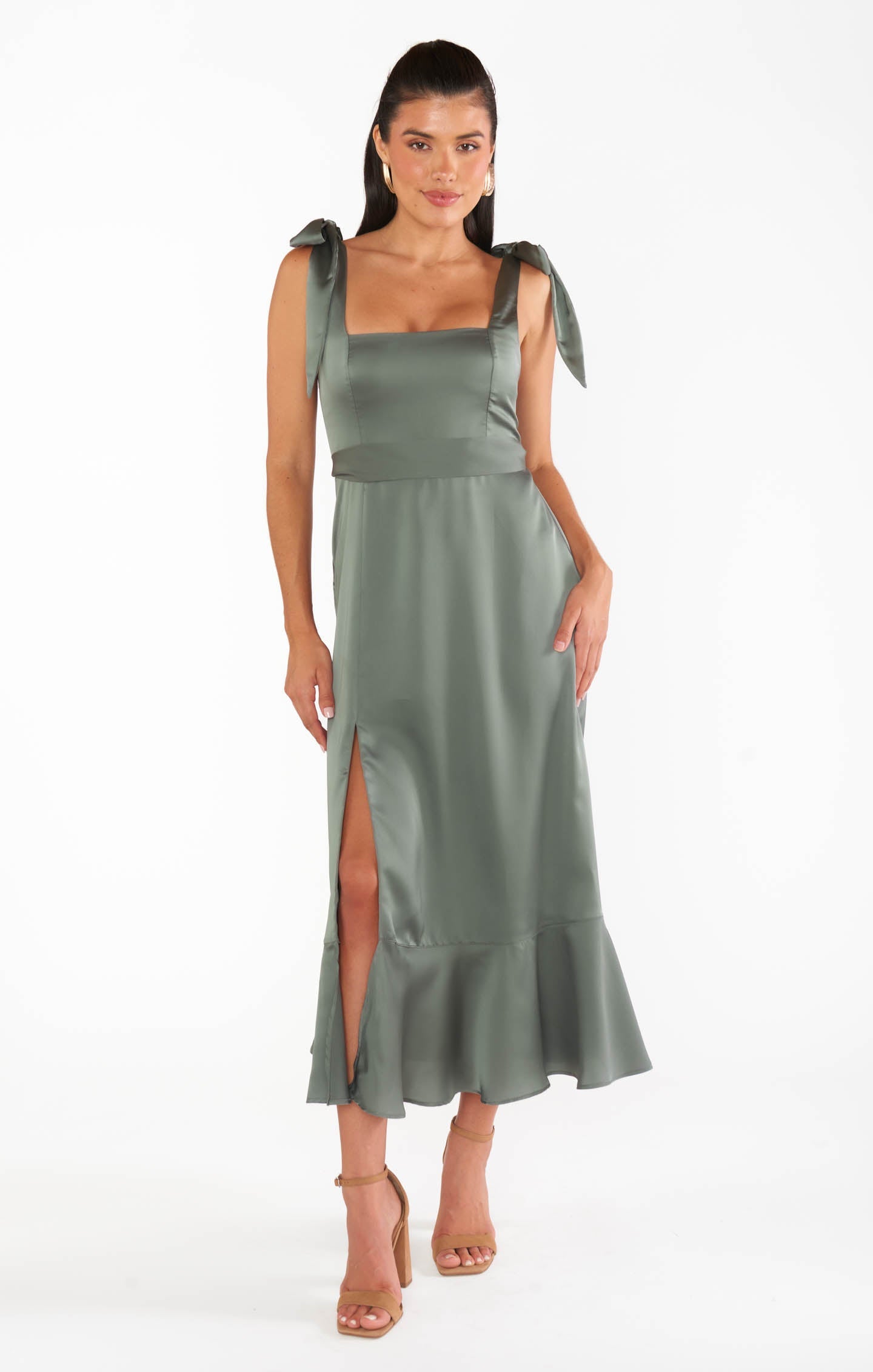 Claire Midi Dress ~ Deep Sage Luxe Satin
