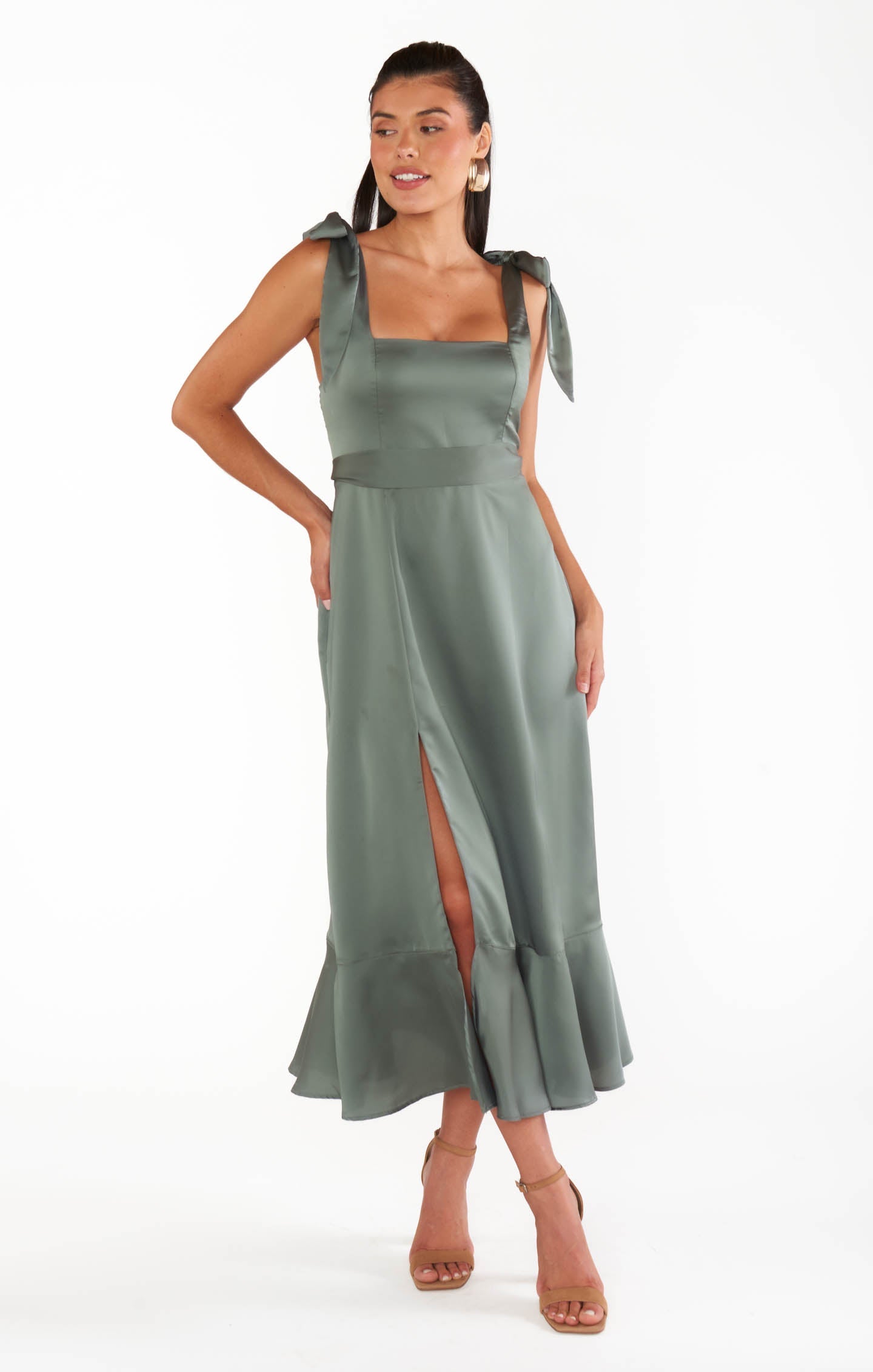 Claire Midi Dress ~ Deep Sage Luxe Satin