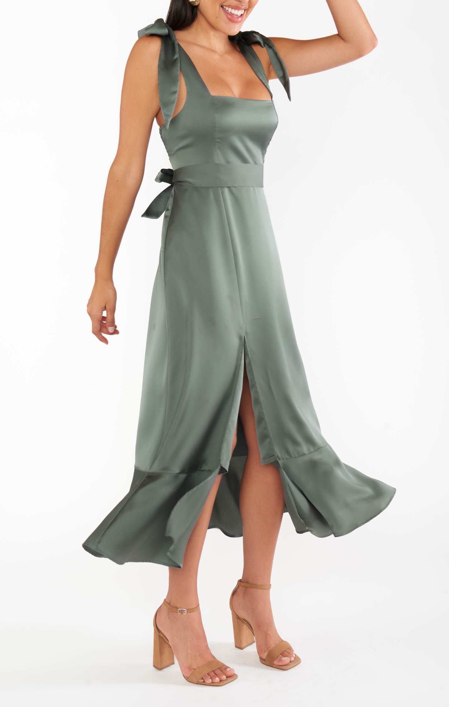Claire Midi Dress ~ Deep Sage Luxe Satin