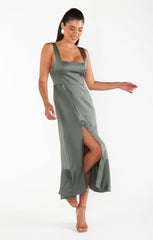 Claire Midi Dress ~ Deep Sage Luxe Satin