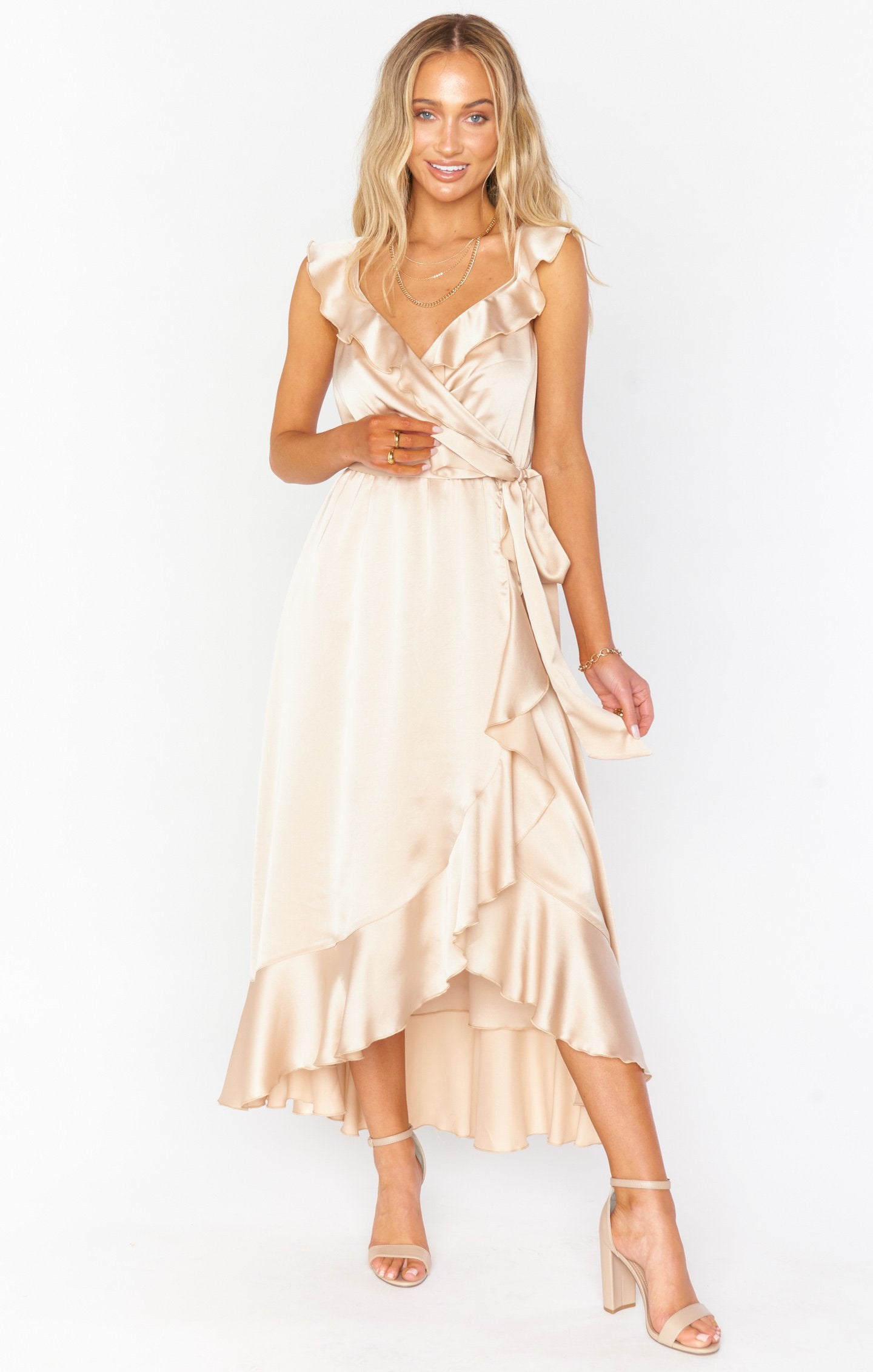 Samantha Ruffle Wrap Dress ~ Champagne Luxe Satin