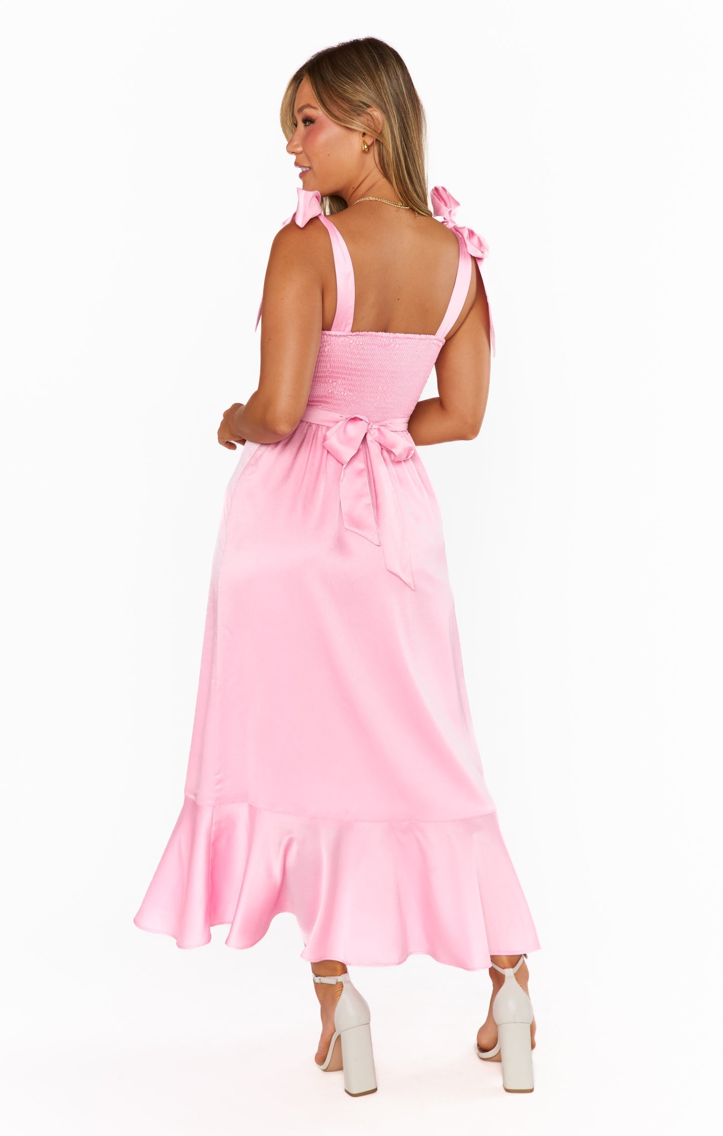 Garden Midi Dress ~ Light Pink Luxe Satin