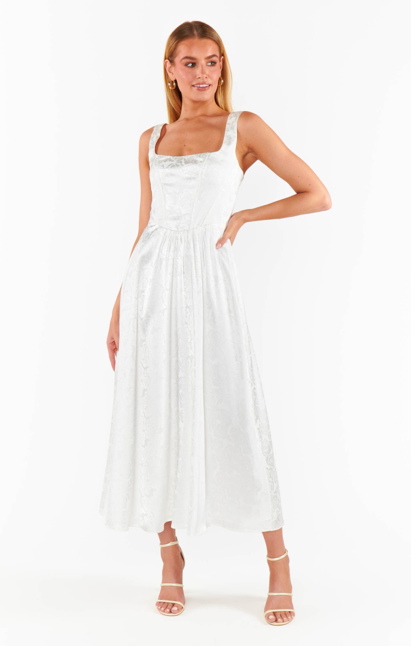 Nina Midi Dress ~ White Rose Satin