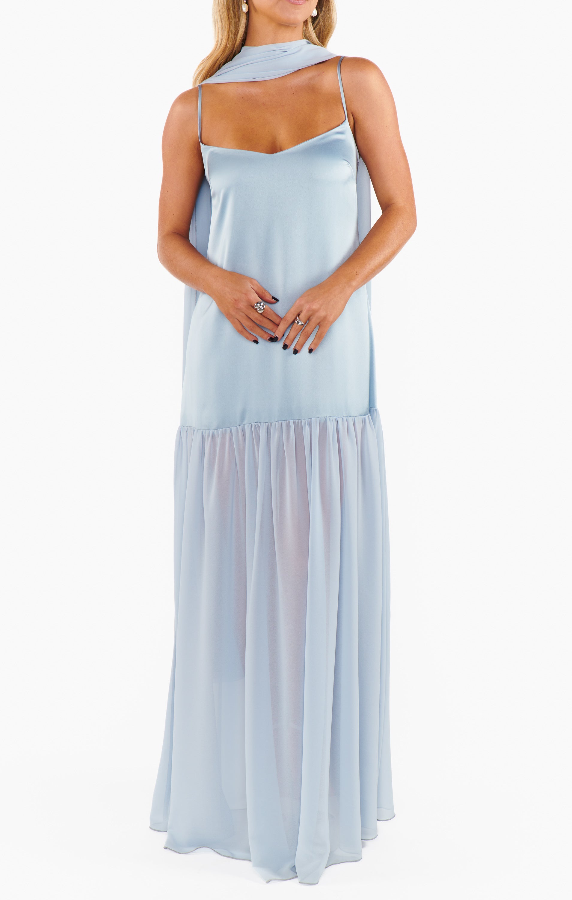 Dalia Maxi Dress ~ Steel Blue Luxe Satin