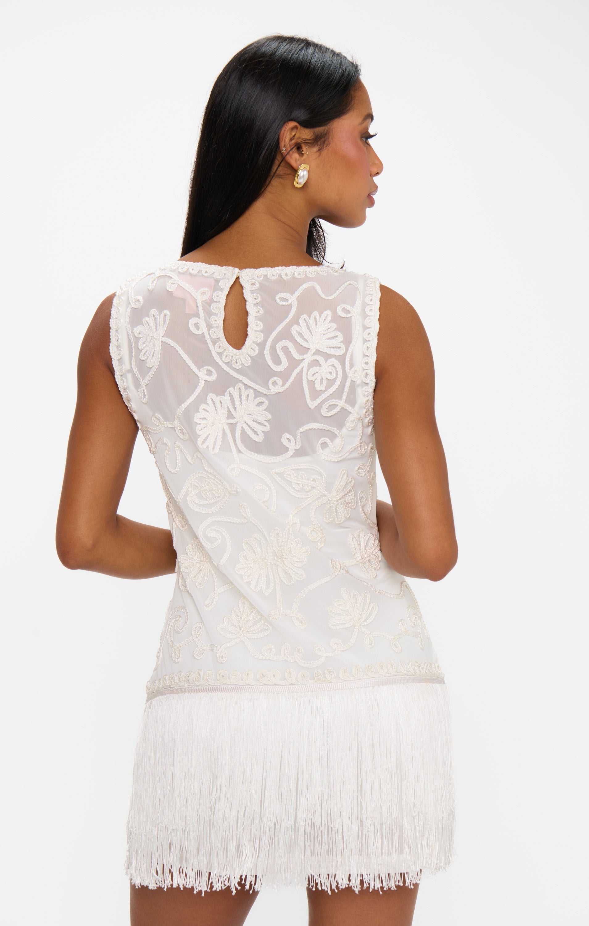 Cyrus Mini Dress ~ White With Fringe