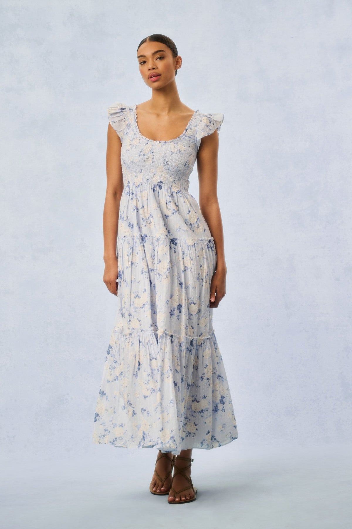 Chessie Fragrance Print Cotton Maxi Dress - WHISPER BLUE