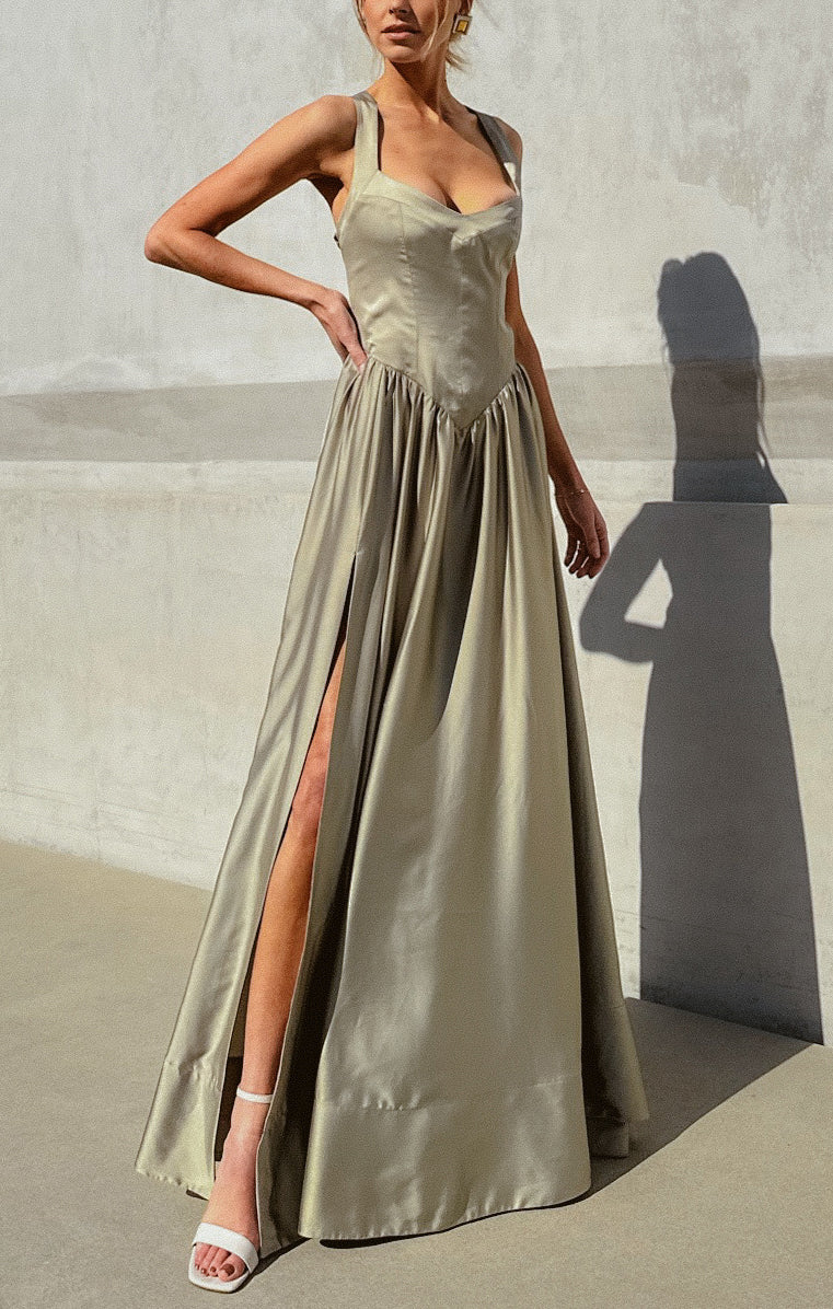 Abigail Maxi Dress ~ Moss Green Luxe Satin