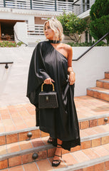 Rhea One Shoulder Dress ~ Black Luxe Satin