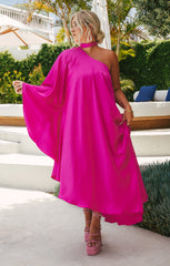Rhea One Shoulder Dress ~ Hot Pink Luxe Satin