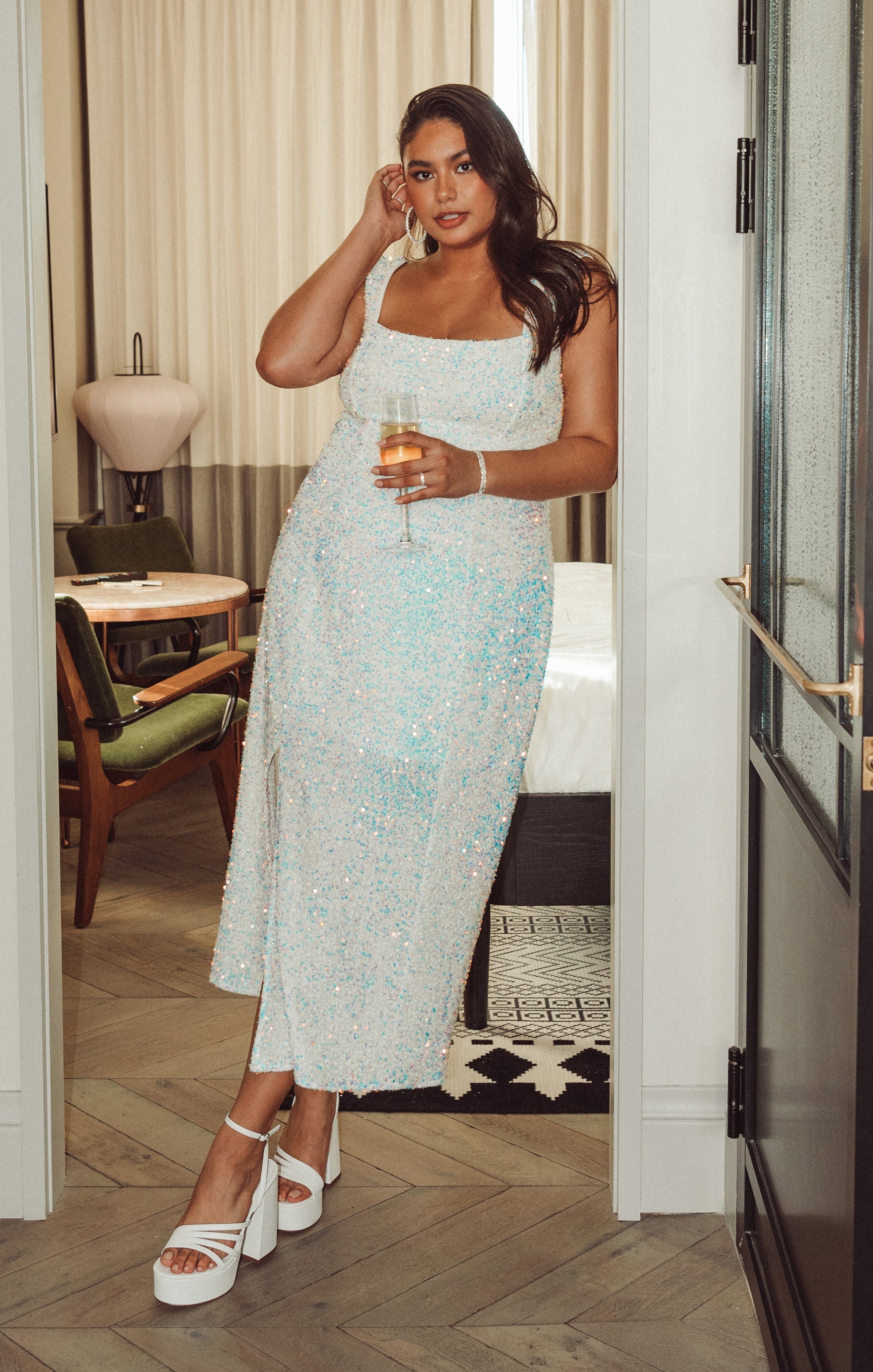 Eden Midi Dress ~ White Sparkle Sequins