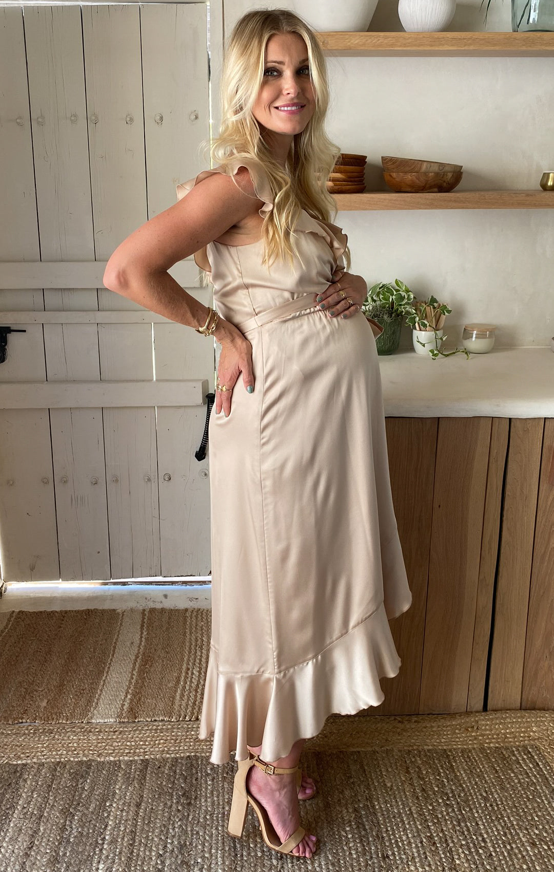 Samantha Ruffle Wrap Dress ~ Champagne Luxe Satin