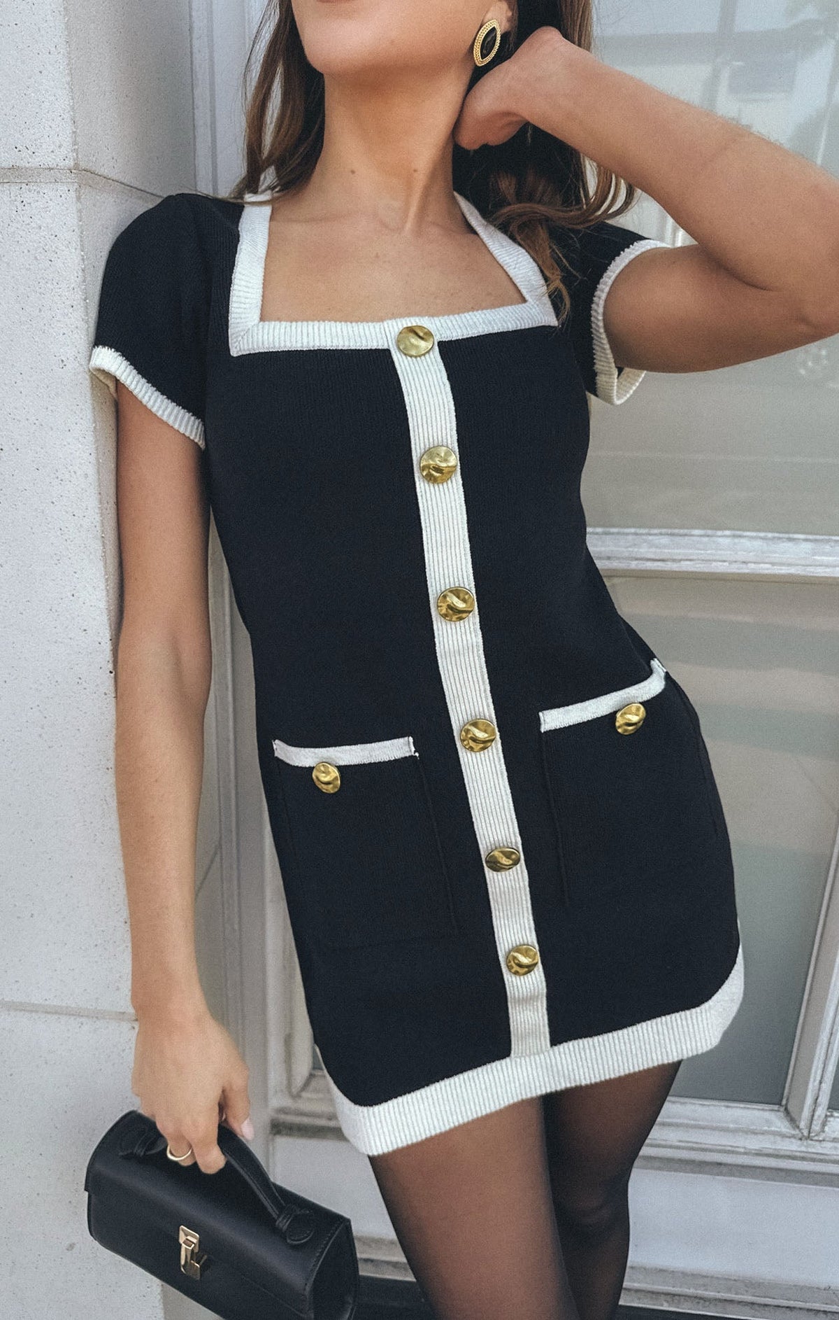 Sofia Sweater Dress ~ Black and Cream Knit