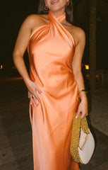 Jasmine Halter Midi Dress ~ Cantaloupe Luxe Satin