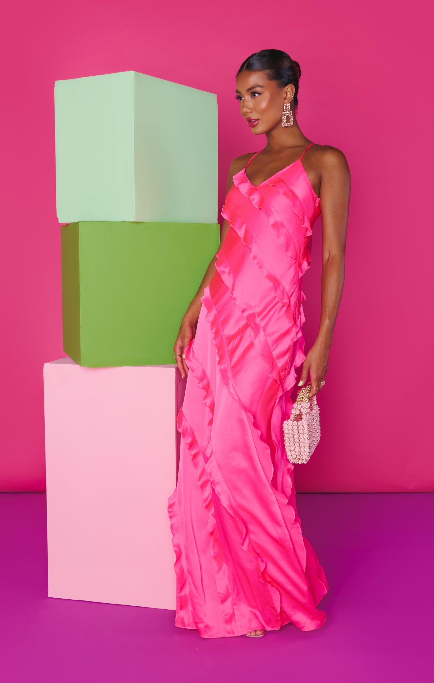 Romance Ruffle Dress ~ Vivid Pink Luxe Satin