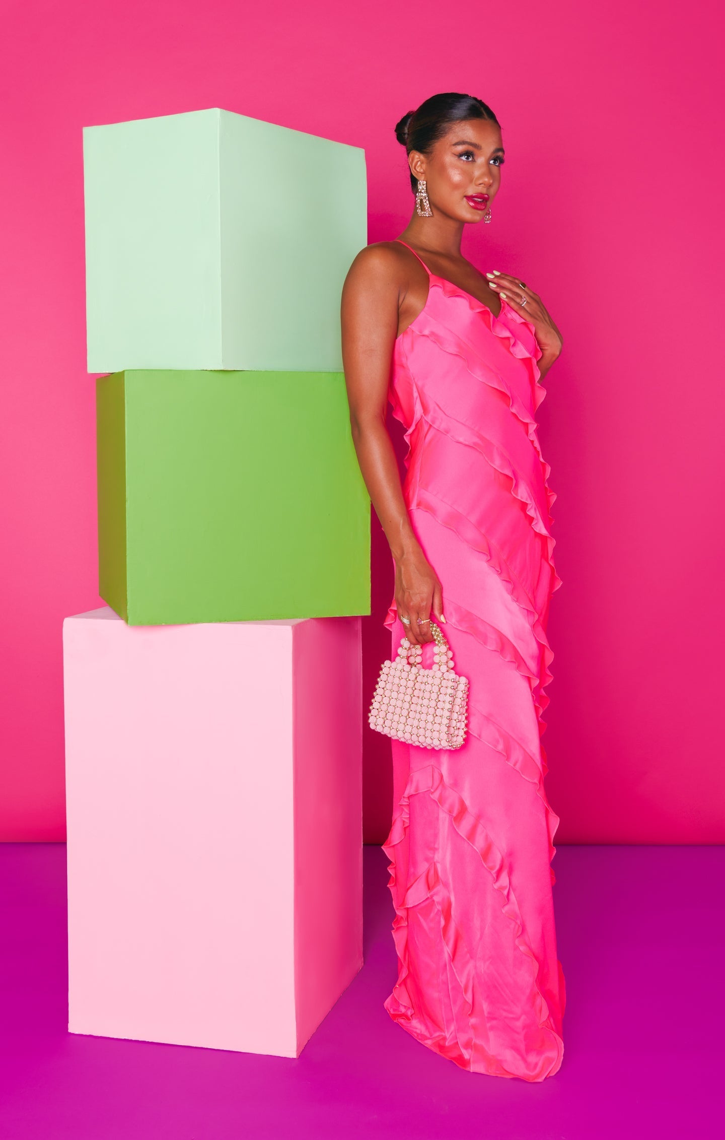 Romance Ruffle Dress ~ Vivid Pink Luxe Satin