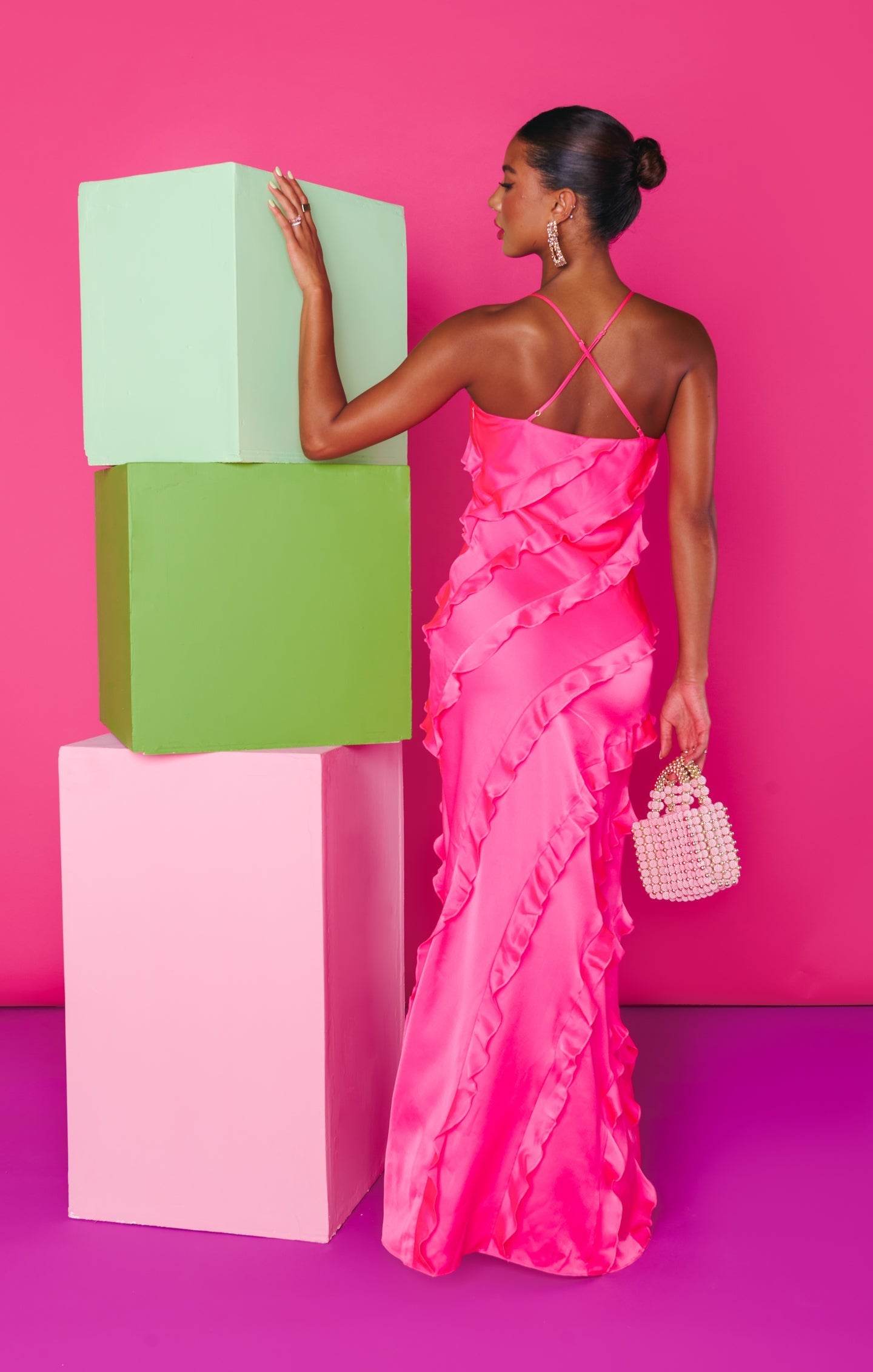 Romance Ruffle Dress ~ Vivid Pink Luxe Satin