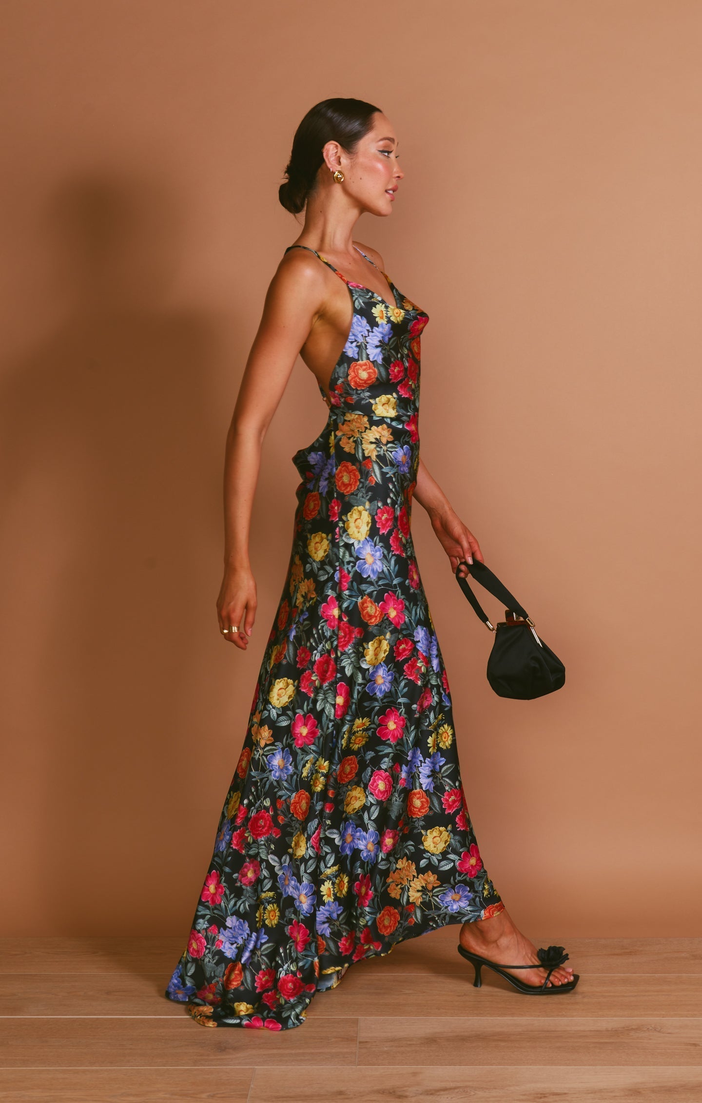 Hailey Slip Dress ~ Charm Peony Black Luxe Satin