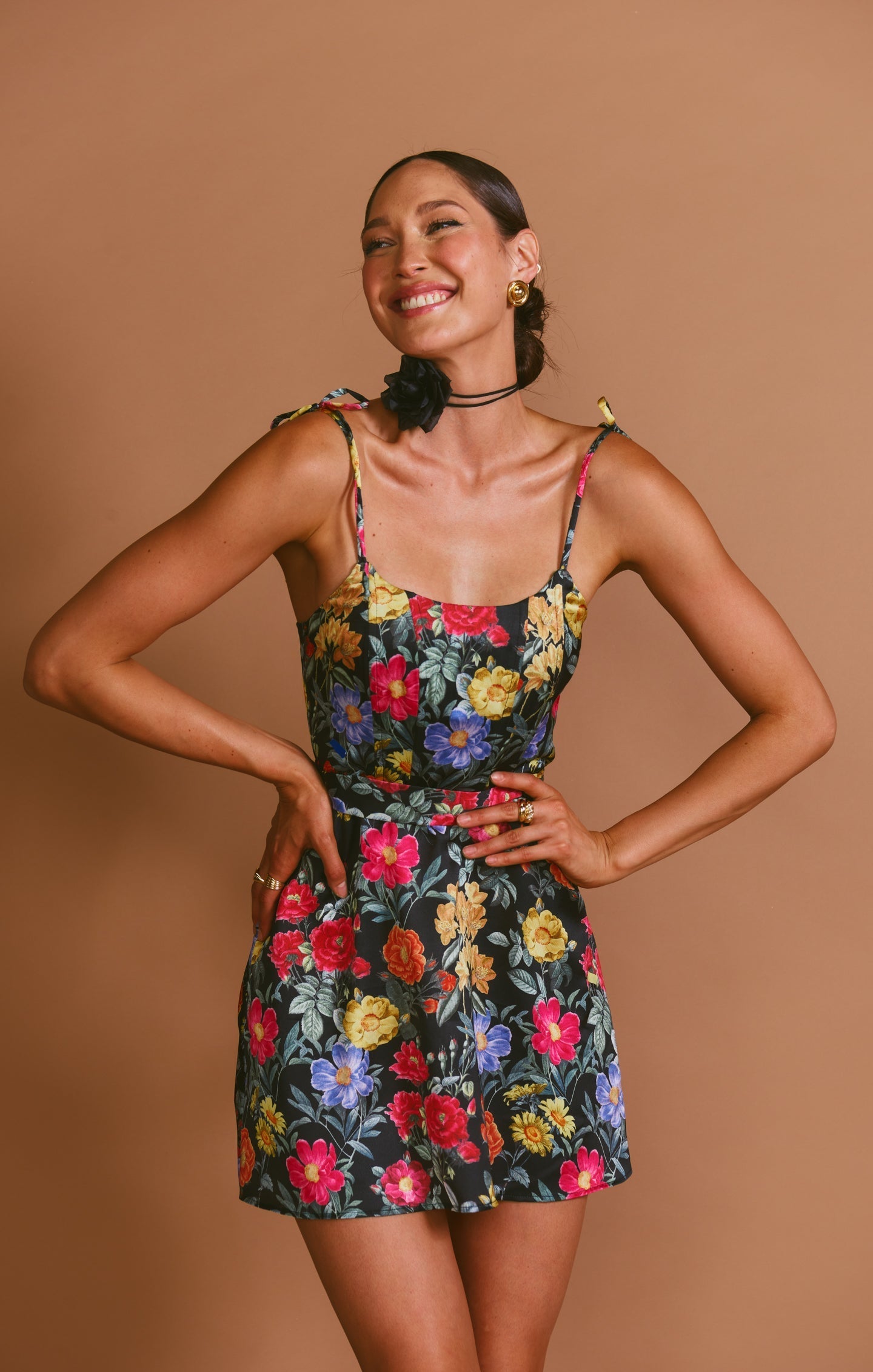 Julie Mini Dress ~ Charm Peony Black Luxe Satin