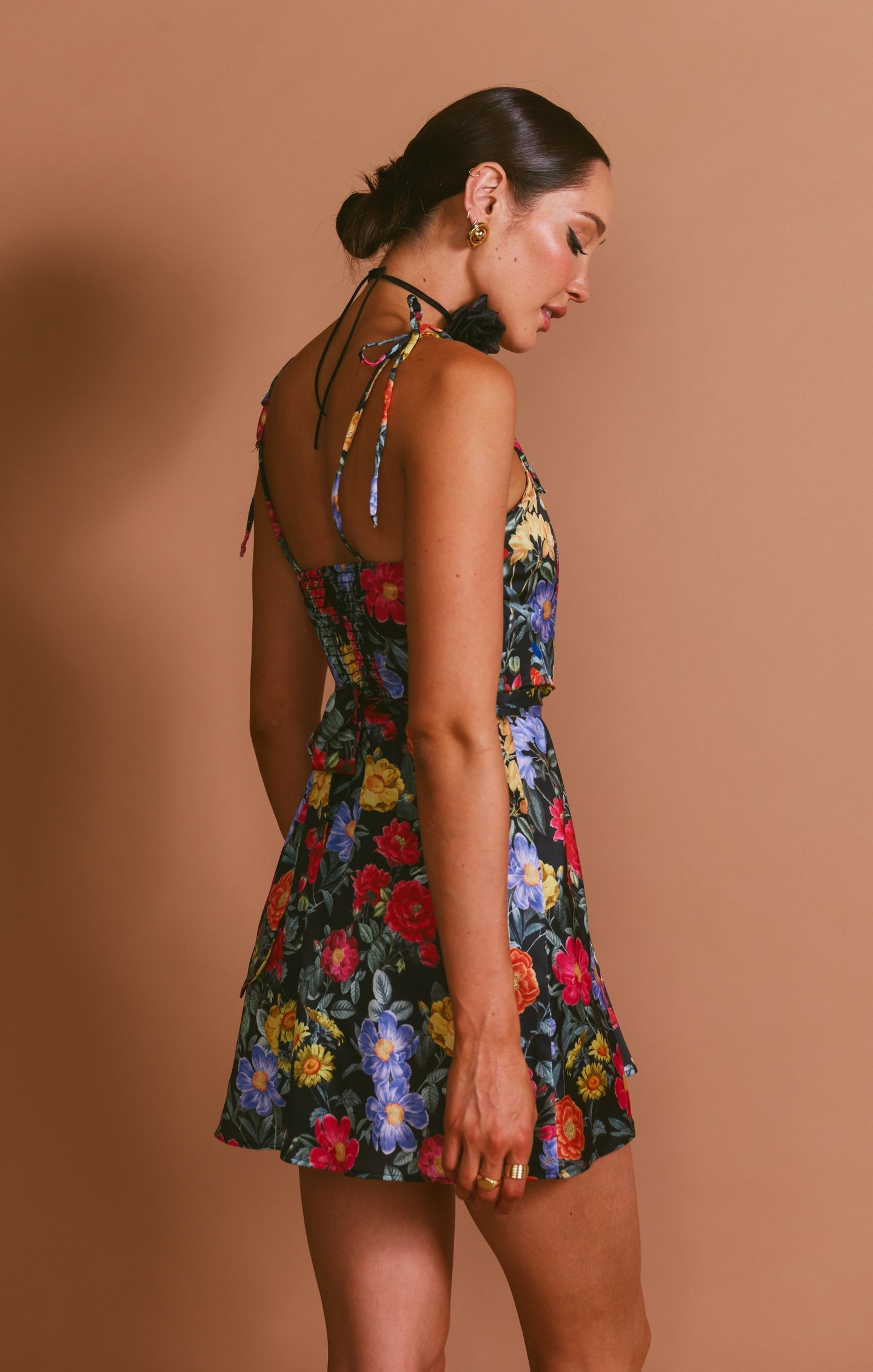 Julie Mini Dress ~ Charm Peony Black Luxe Satin