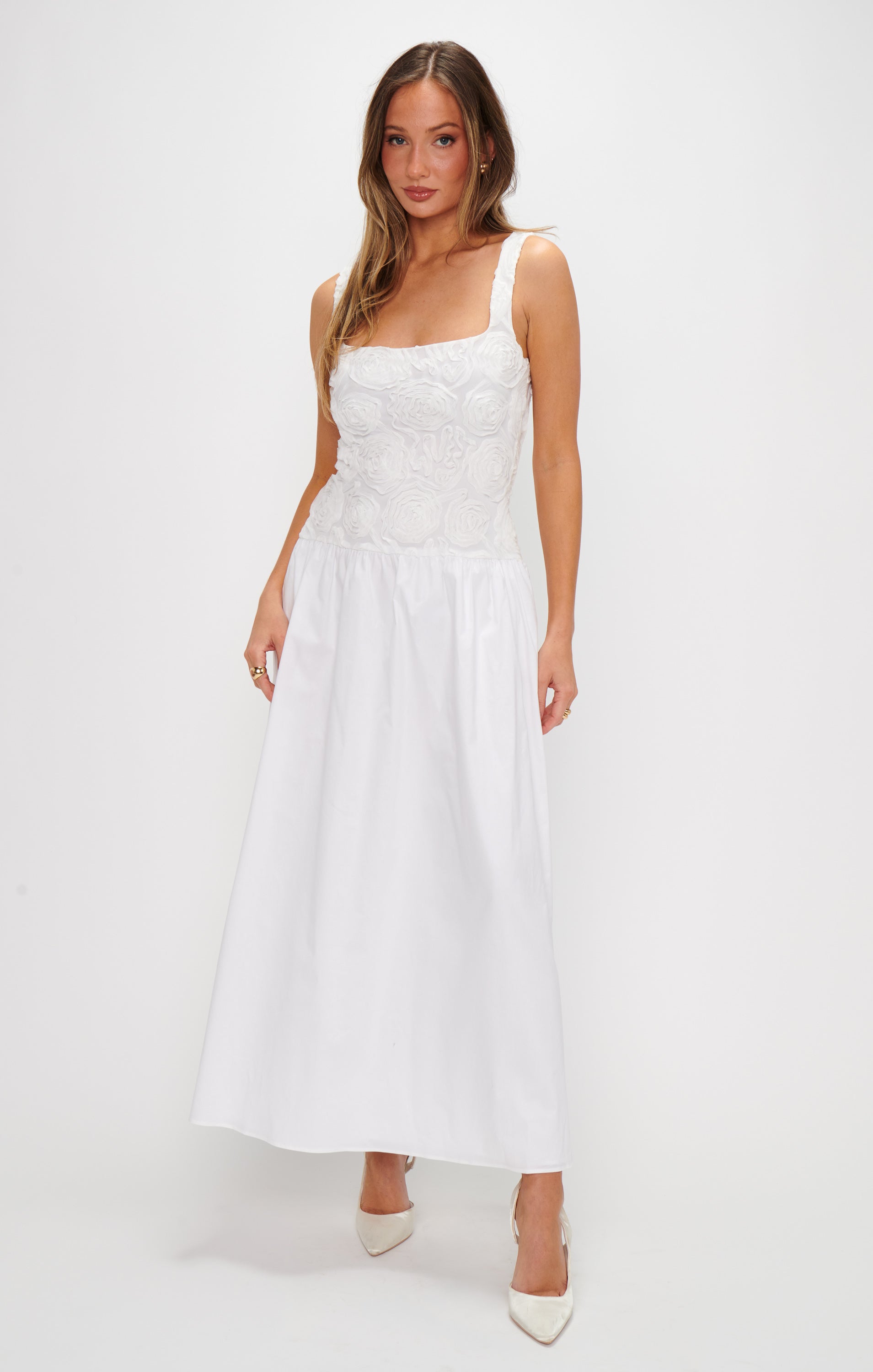 Bradshaw Maxi Dress ~ Rosette Mesh White
