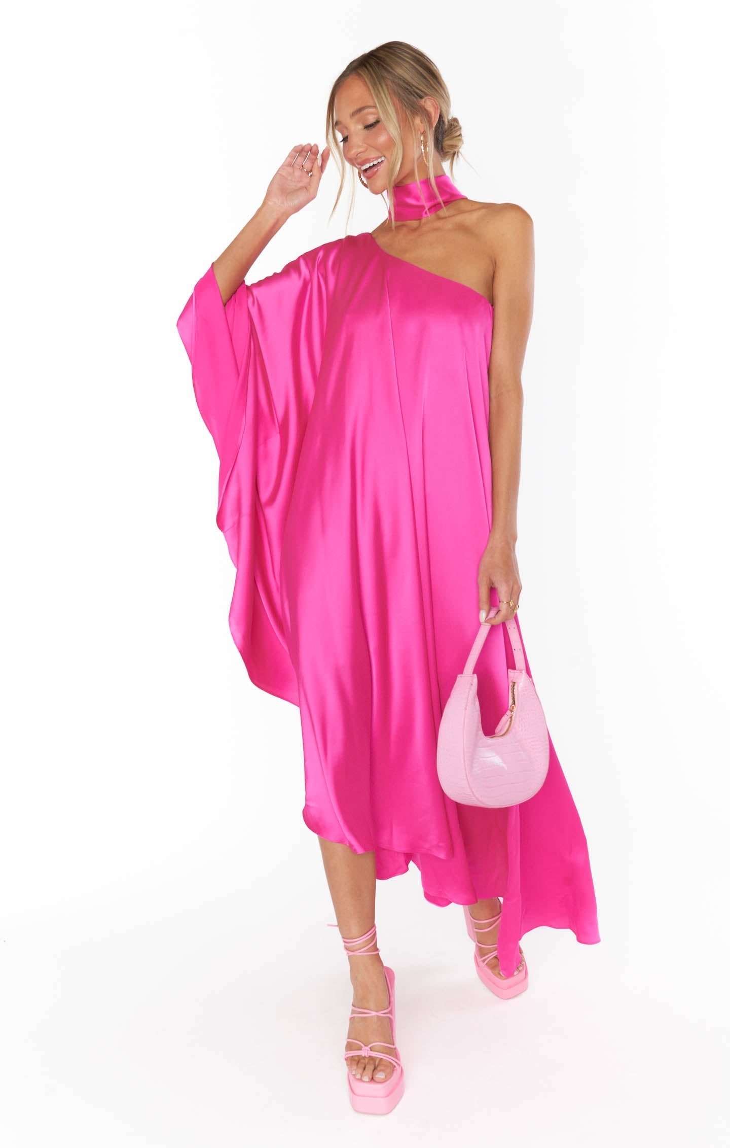Rhea One Shoulder Dress ~ Hot Pink Luxe Satin